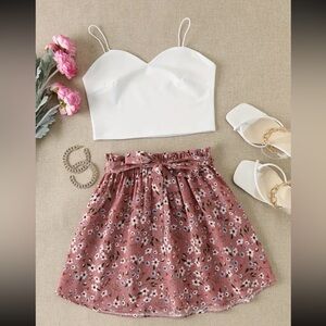 Floral Print Skirt Set - Cropped Camisole Top & Elastic Waist Mini Skirt Small/4